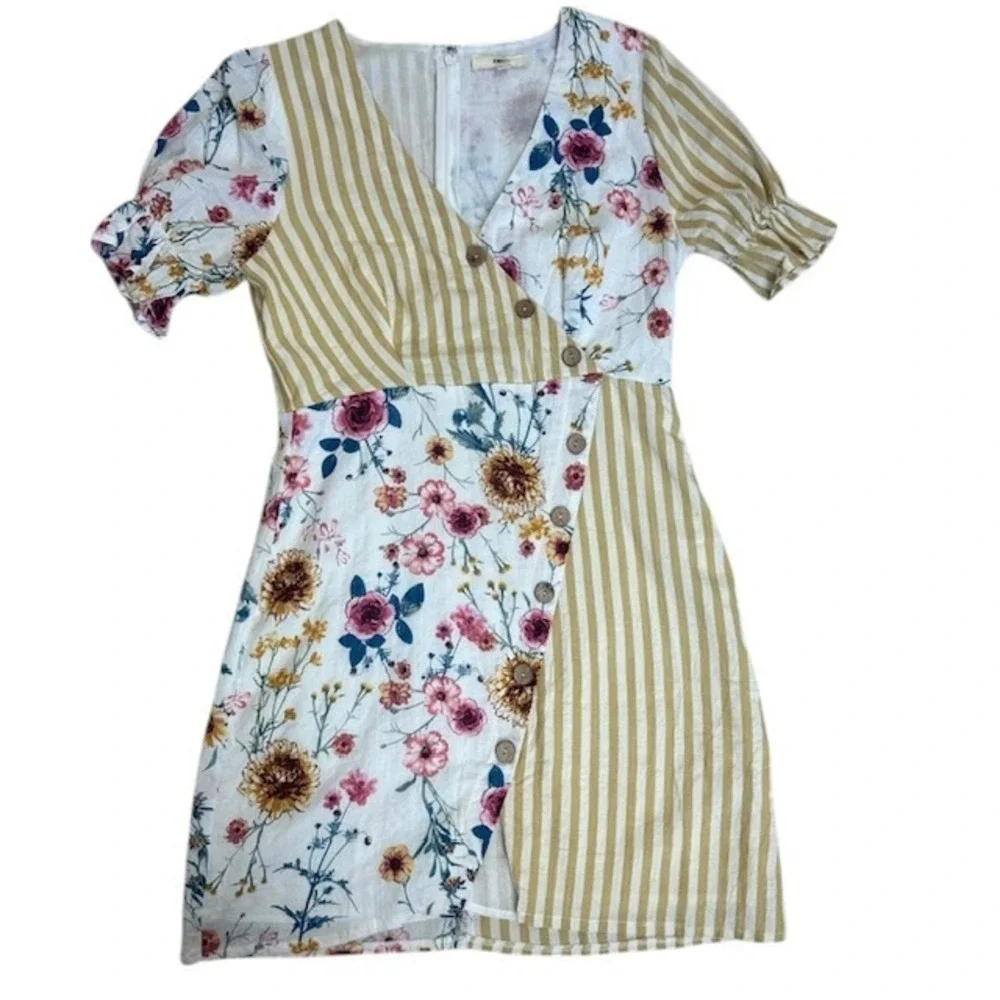 Entro Colorblock Floral Stripe‎ Mini Dress Button Front V Neck Short Sleeve Sz M